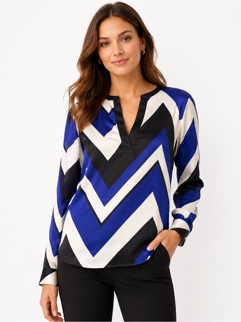 Lauren Ralph Lauren Blue Black Chevron Print Split Neck Blouse Women’s XS